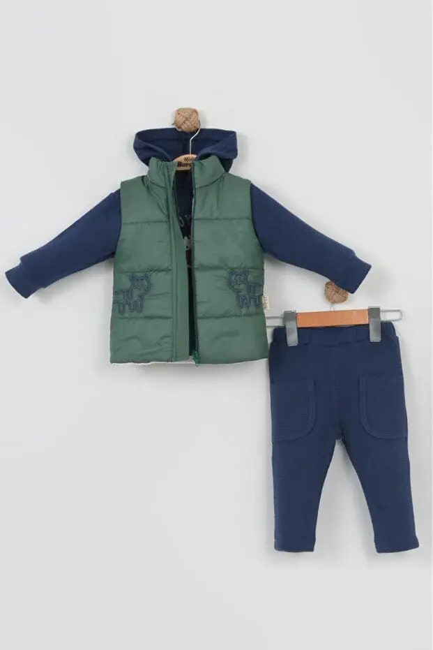 Erkek Bebek Kaplan Desenli Şişme Yelekli 3’lü Pamuk Takım (9-12-18 Ay) - Renkli Seri - 954-Yeşil