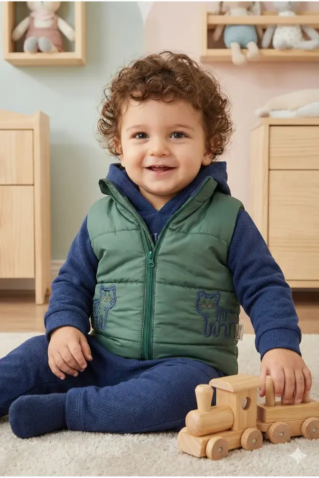 Erkek Bebek Kaplan Desenli Şişme Yelekli 3’lü Pamuk Takım (9-12-18 Ay) - Renkli Seri - 954-Yeşil