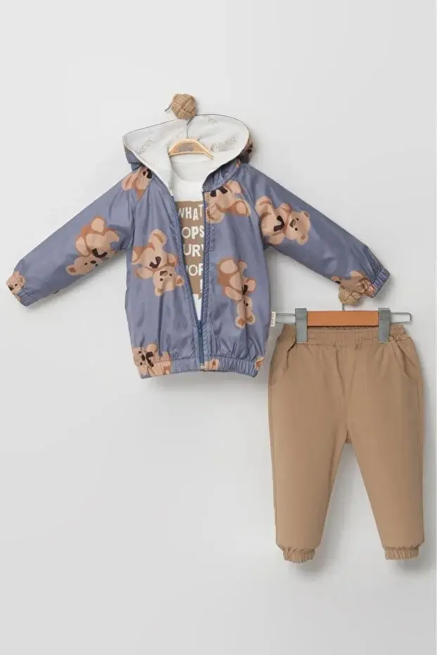 Erkek Bebek Ayı Baskılı Yağmurluklu 3’lü Pamuk Takım (9-12-18-24 Ay) - Renk Seçenekli Seri - 1046-Mavi