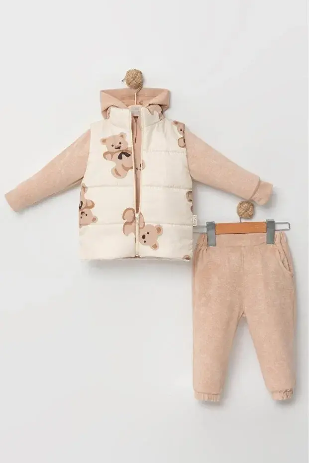 Erkek Bebek Ayı Baskılı Mikro Şişme Yelekli 3’lü Takım (9-12-18 Ay) - Pamuklu Seri - 1045-Beyaz