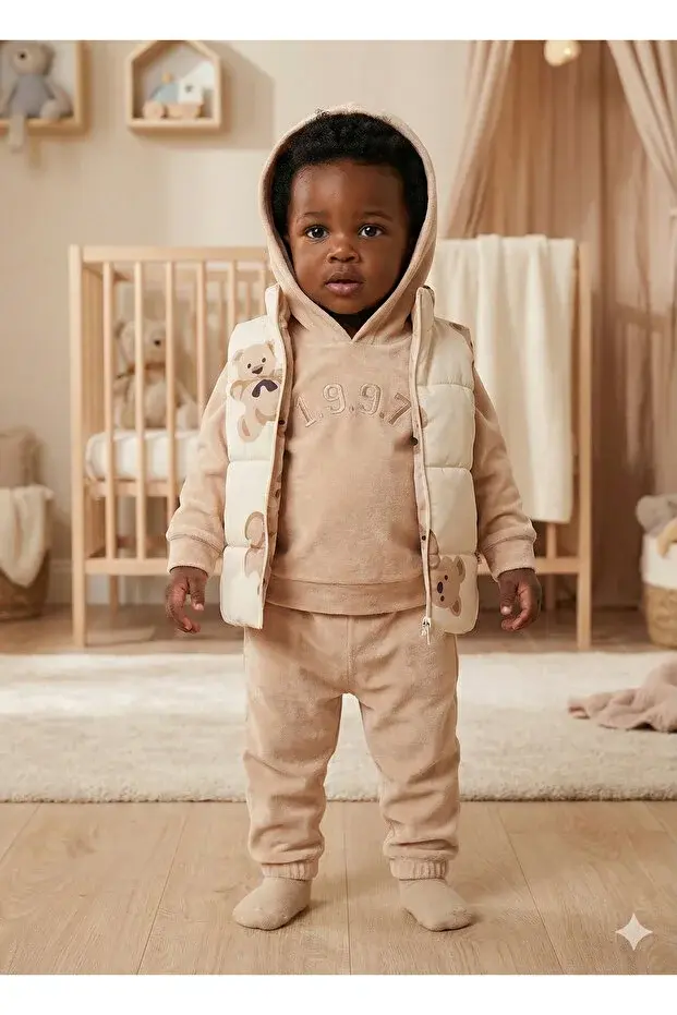 Erkek Bebek Ayı Baskılı Mikro Şişme Yelekli 3’lü Takım (9-12-18 Ay) - Pamuklu Seri - 1045-Beyaz