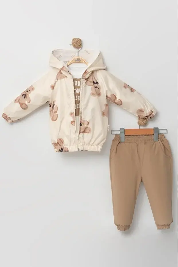 Erkek Bebek Ayı Baskılı Yağmurluklu 3’lü Pamuk Takım (9-12-18-24 Ay) - Renk Seçenekli Seri - 1046-Beyaz