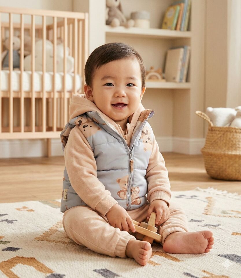 Erkek Bebek Ayı Baskılı Mikro Şişme Yelekli 3’lü Takım (9-12-18 Ay) - Pamuklu Seri - 1045-Bej