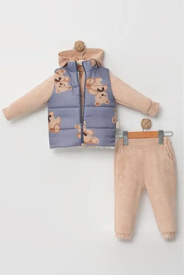 Erkek Bebek Ayı Baskılı Mikro Şişme Yelekli 3’lü Takım (9-12-18 Ay) - Pamuklu Seri - 1045-Mavi