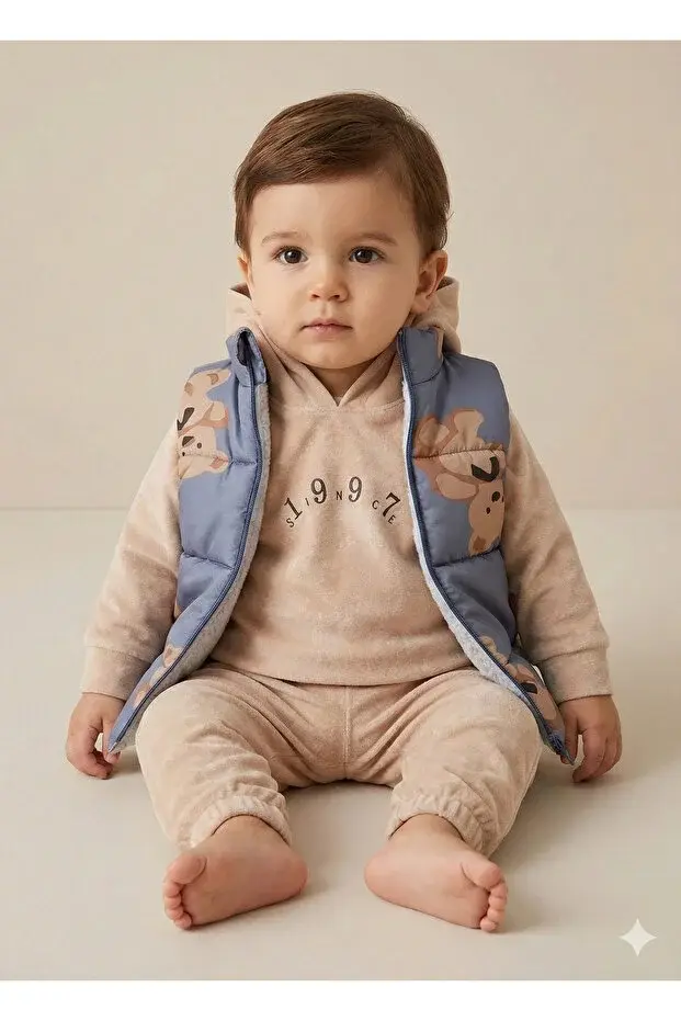 Erkek Bebek Ayı Baskılı Mikro Şişme Yelekli 3’lü Takım (9-12-18 Ay) - Pamuklu Seri - 1045-Mavi