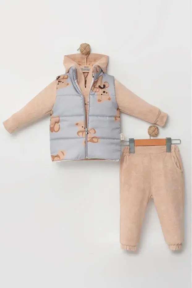 Erkek Bebek Ayı Baskılı Mikro Şişme Yelekli 3’lü Takım (9-12-18 Ay) - Pamuklu Seri - 1045-Açık Mavi