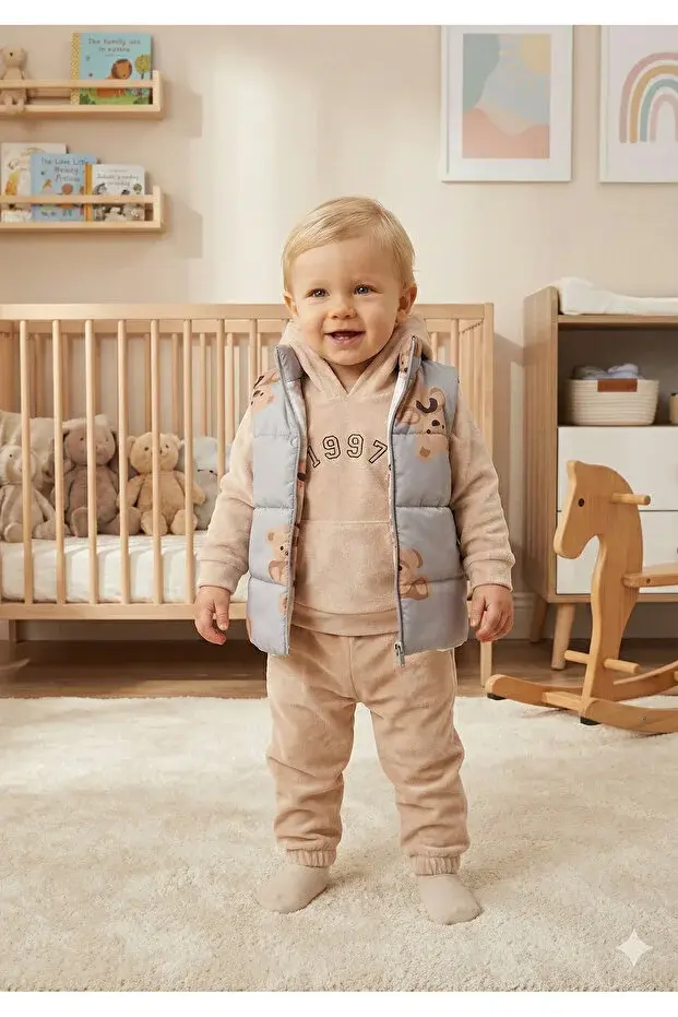 Erkek Bebek Ayı Baskılı Mikro Şişme Yelekli 3’lü Takım (9-12-18 Ay) - Pamuklu Seri - 1045-Açık Mavi