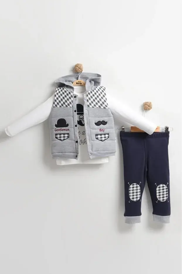 Erkek Çocuk Bıyıklı Şişme Yelekli 3’lü Gri Pamuk Takım (2-3-4 Yaş) - Renkli Seçenek -Gri
