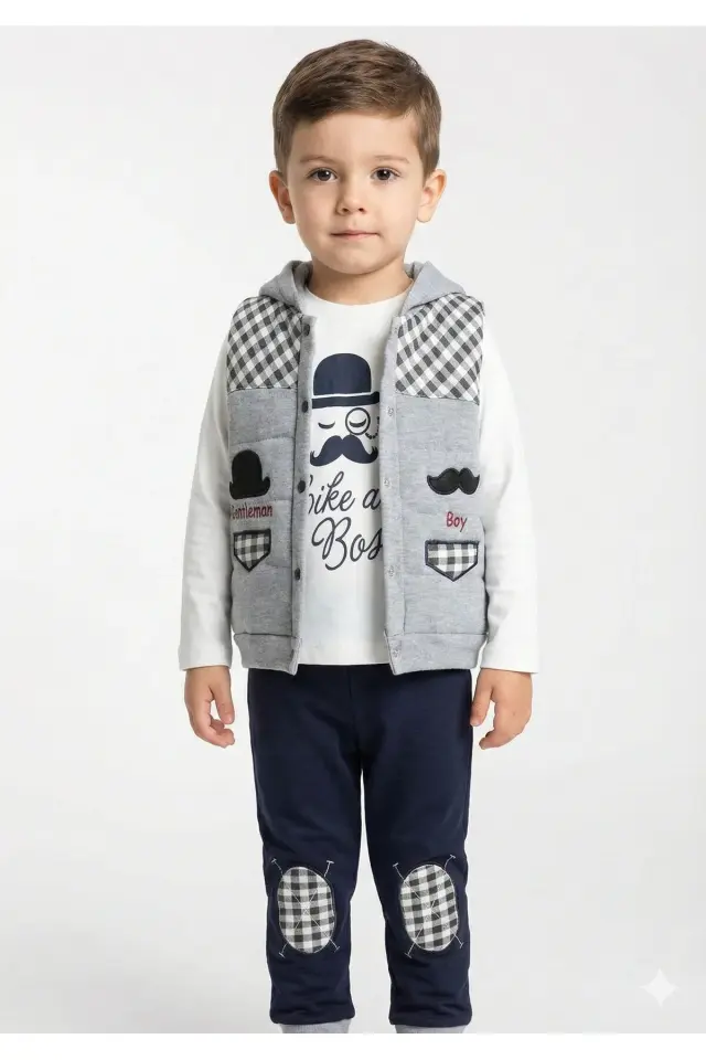 Erkek Çocuk Bıyıklı Şişme Yelekli 3’lü Gri Pamuk Takım (2-3-4 Yaş) - Renkli Seçenek -Gri