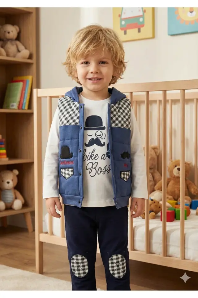 Erkek Çocuk Bıyıklı Şişme Yelekli 3’lü Mavi Pamuk Takım (2-3-4 Yaş) - Renkli Seçenek -Mavi