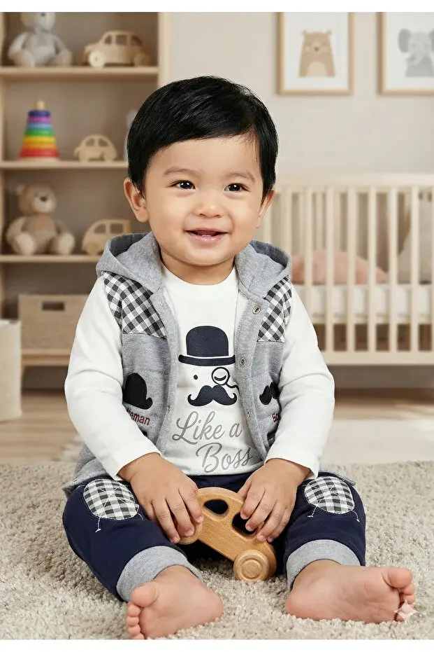 Erkek Bebek Bıyıklı Şişme Yelekli Pamuklu 3’lü Takım (6-9-12 Ay) - Renk Seçenekli Seri - 581-Gri