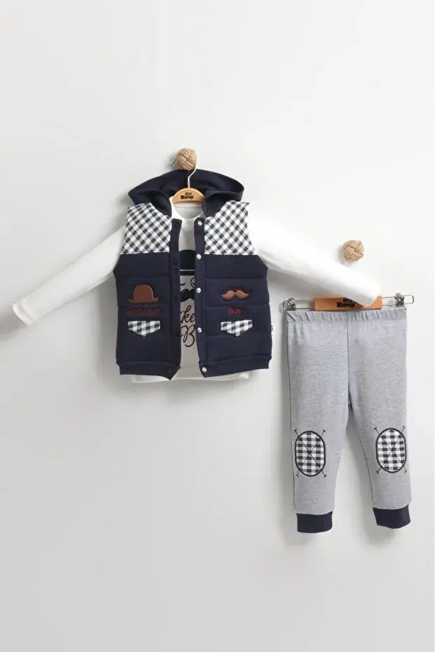 Erkek Çocuk Bıyıklı Şişme Yelekli 3’lü Lacivert Pamuk Takım (2-3-4 Yaş) - Renkli Seçenek -Lacivert