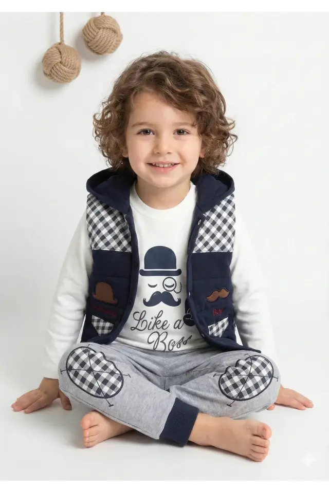 Erkek Çocuk Bıyıklı Şişme Yelekli 3’lü Lacivert Pamuk Takım (2-3-4 Yaş) - Renkli Seçenek -Lacivert