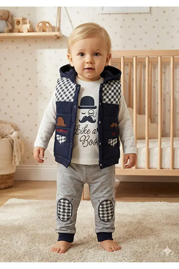 Erkek Bebek Bıyıklı Şişme Yelekli Pamuklu 3’lü Takım (6-9-12 Ay) - Renk Seçenekli Seri - 581-Lacivert