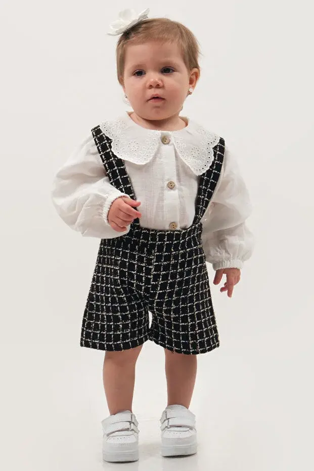 Dantel Yakalı Müslin Gömlekli Askılı 2'li Kız Bebek Takımı - Nefes Alan Kumaş (9-12-18-24 Ay ) Seri - 1053-Siyah