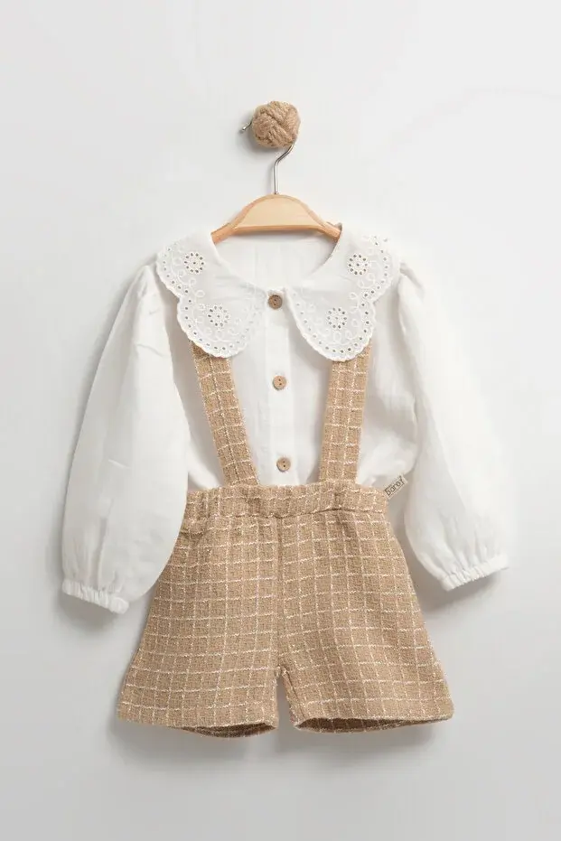 Dantel Yakalı Müslin Gömlekli Askılı 2'li Kız Bebek Takımı - Nefes Alan Kumaş (9-12-18-24 Ay ) Seri - 1053-Kahverengi
