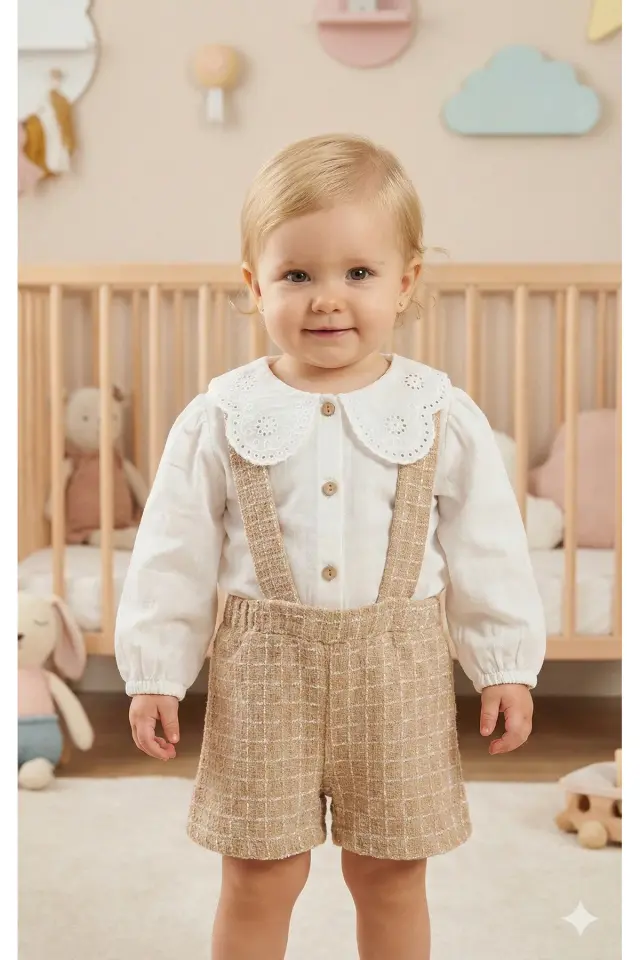 Dantel Yakalı Müslin Gömlekli Askılı 2'li Kız Bebek Takımı - Nefes Alan Kumaş (9-12-18-24 Ay ) Seri - 1053-Kahverengi