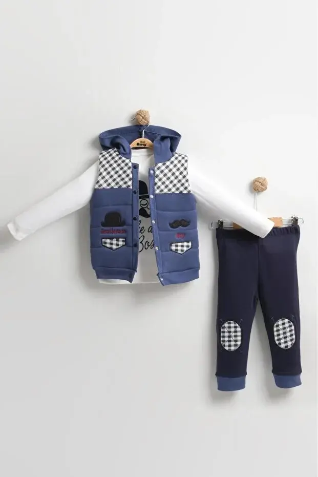 Erkek Bebek Bıyıklı Şişme Yelekli Pamuklu 3’lü Takım (6-9-12 Ay) - Renk Seçenekli Seri - 581-Mavi