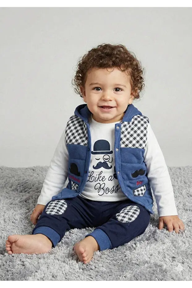 Erkek Bebek Bıyıklı Şişme Yelekli Pamuklu 3’lü Takım (6-9-12 Ay) - Renk Seçenekli Seri - 581-Mavi