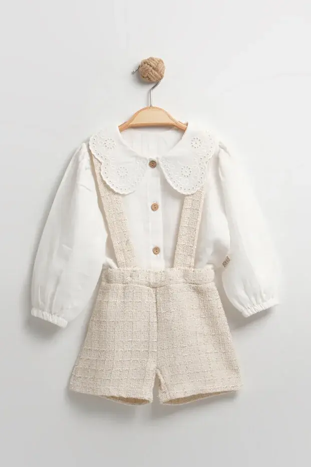 Dantel Yakalı Müslin Gömlekli Askılı 2'li Kız Bebek Takımı - Nefes Alan Kumaş (9-12-18-24 Ay ) Seri - 1053-Bej