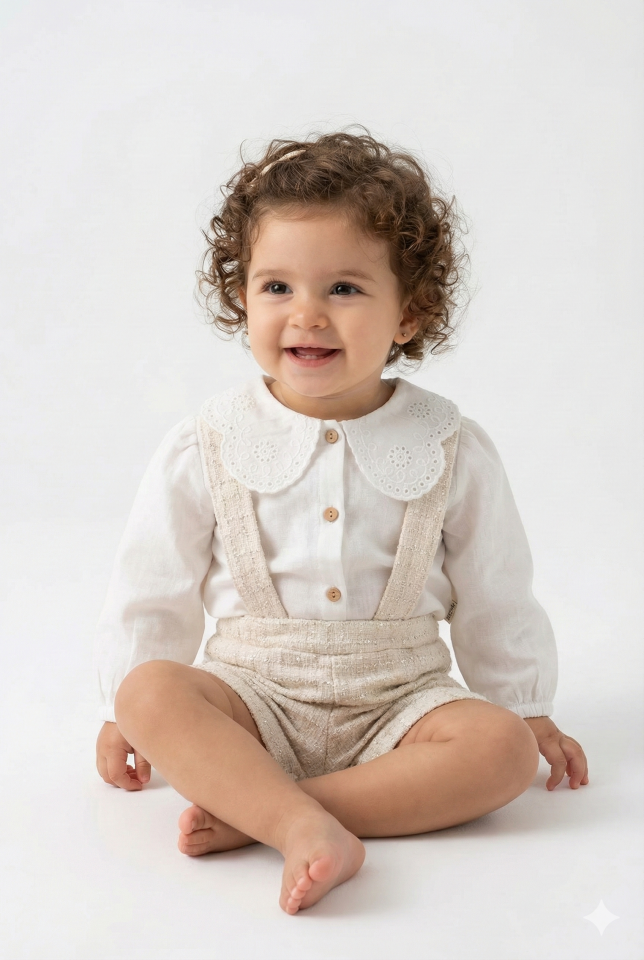 Dantel Yakalı Müslin Gömlekli Askılı 2'li Kız Bebek Takımı - Nefes Alan Kumaş (9-12-18-24 Ay ) Seri - 1053-Bej