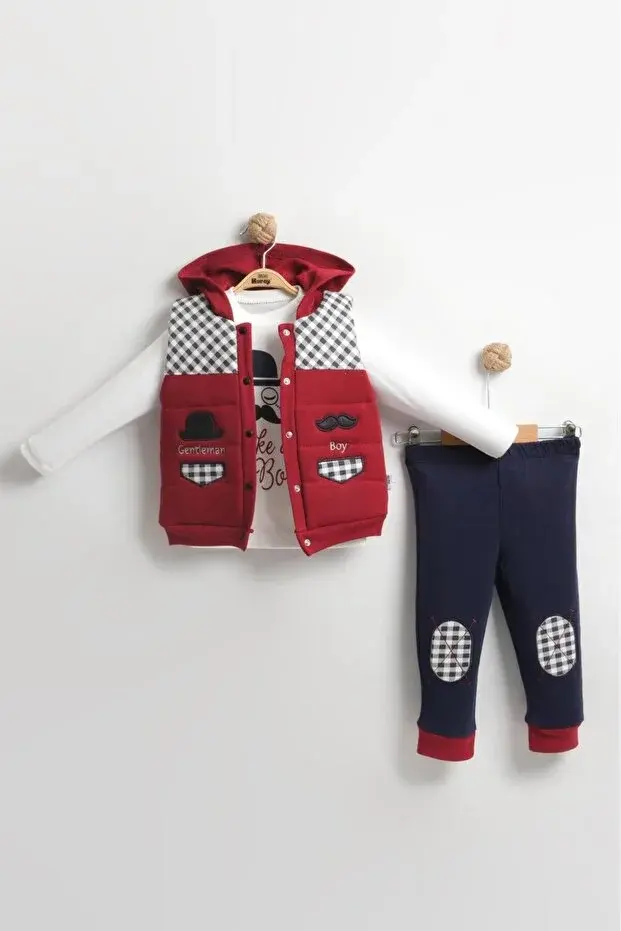 Erkek Bebek Bıyıklı Şişme Yelekli Pamuklu 3’lü Takım (6-9-12 Ay) - Renk Seçenekli Seri - 581-Kırmızı
