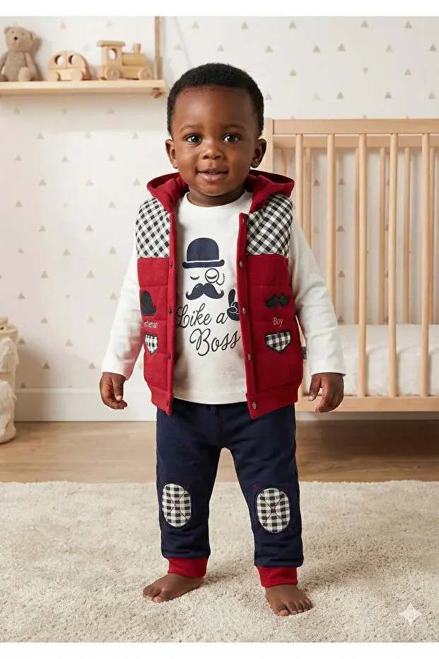 Erkek Bebek Bıyıklı Şişme Yelekli Pamuklu 3’lü Takım (6-9-12 Ay) - Renk Seçenekli Seri - 581-Kırmızı