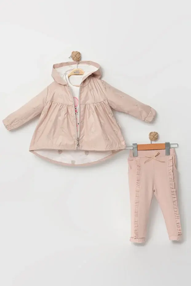 3'lü Gül Nakışlı Kız Bebek Takımı Su Geçirmez Yağmurluk & Pamuklu İçlik 24 Ay ) Seri - 1041-Bej