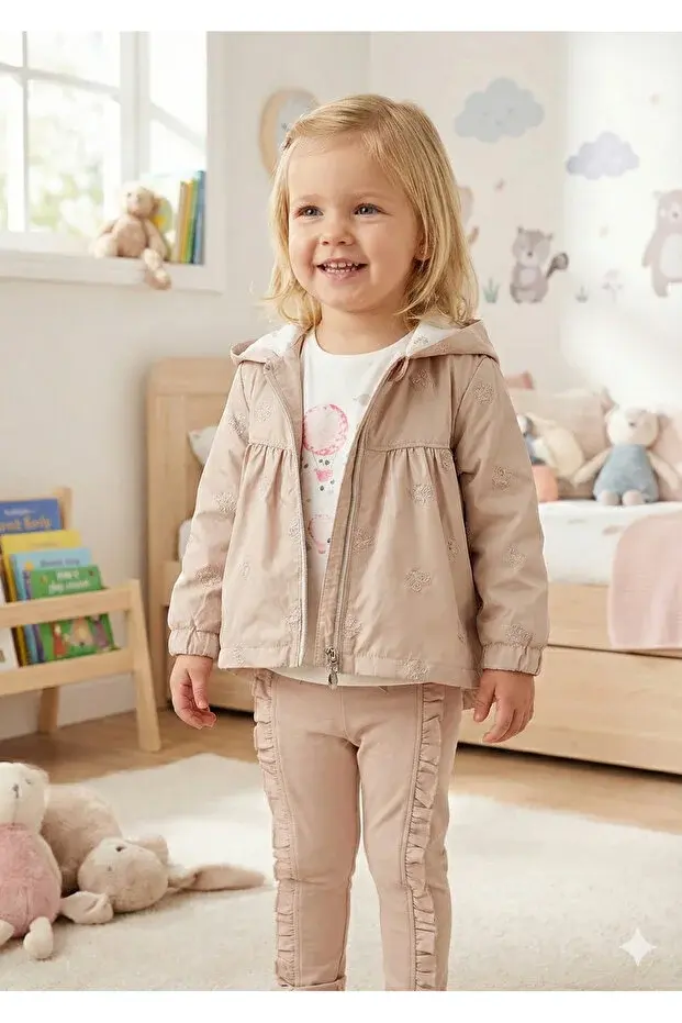 3'lü Gül Nakışlı Kız Bebek Takımı Su Geçirmez Yağmurluk & Pamuklu İçlik 24 Ay ) Seri - 1041-Bej