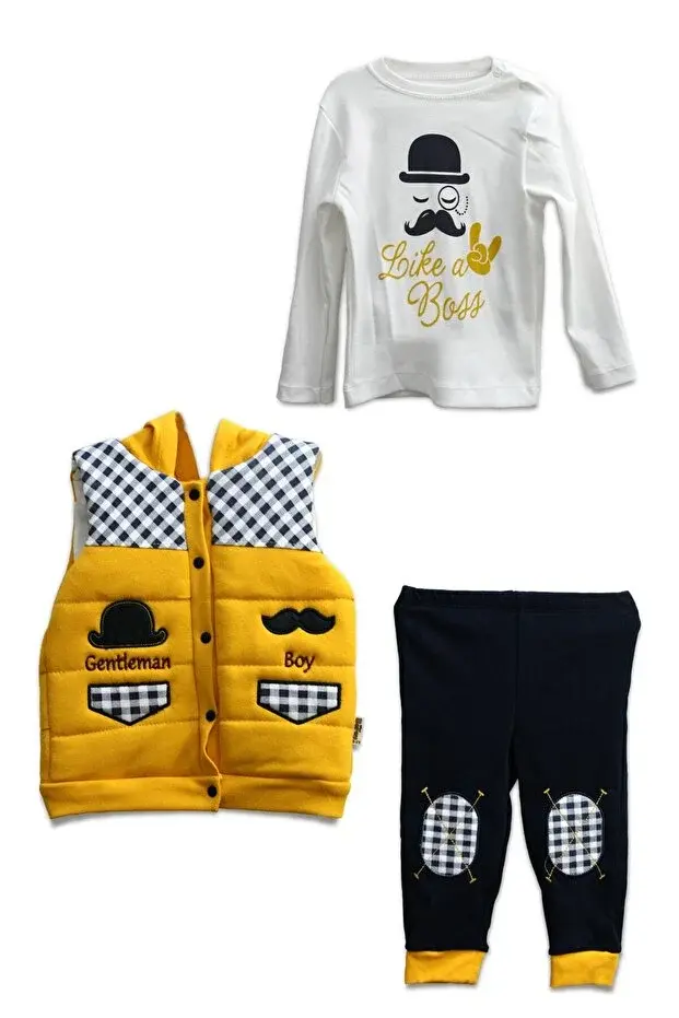 Erkek Bebek Bıyıklı Şişme Yelekli Pamuklu 3’lü Takım (6-9-12 Ay) - Renk Seçenekli Seri - 581-Sarı