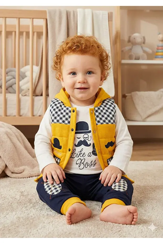 Erkek Bebek Bıyıklı Şişme Yelekli Pamuklu 3’lü Takım (6-9-12 Ay) - Renk Seçenekli Seri - 581-Sarı