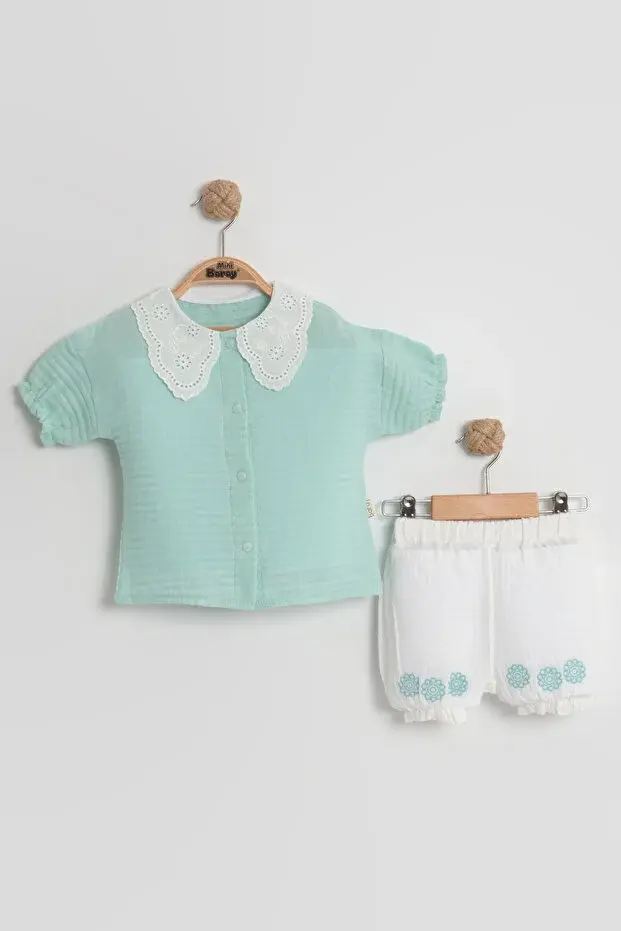 Organik Pamuk Dantel Yakalı Gömlek & Şort Takımı - (9-12-18 Ay) Kız Bebek İçin Seri - 1004-Yeşil