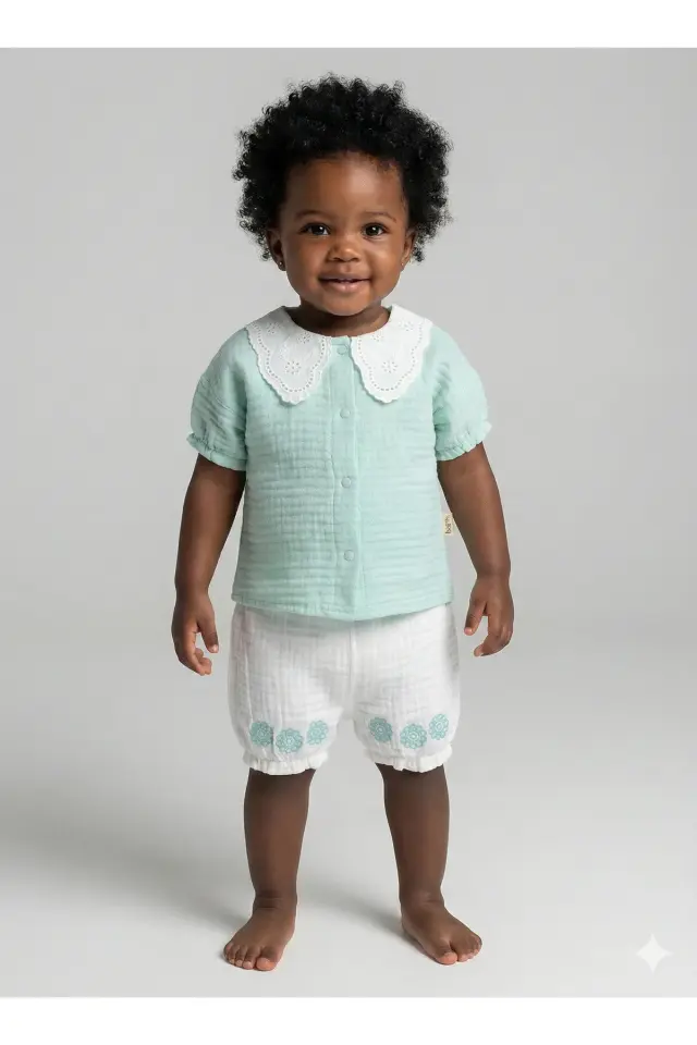 Organik Pamuk Dantel Yakalı Gömlek & Şort Takımı - (9-12-18 Ay) Kız Bebek İçin Seri - 1004-Yeşil