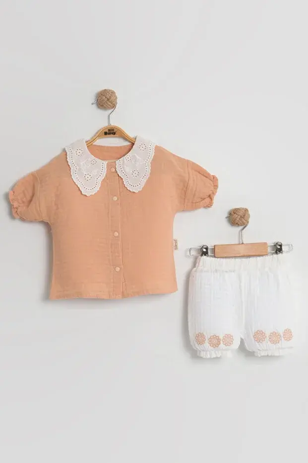 Organik Pamuk Dantel Yakalı Gömlek & Şort Takımı - (9-12-18 Ay) Kız Bebek İçin Seri - 1004-Turuncu