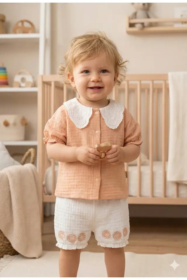 Organik Pamuk Dantel Yakalı Gömlek & Şort Takımı - (9-12-18 Ay) Kız Bebek İçin Seri - 1004-Turuncu