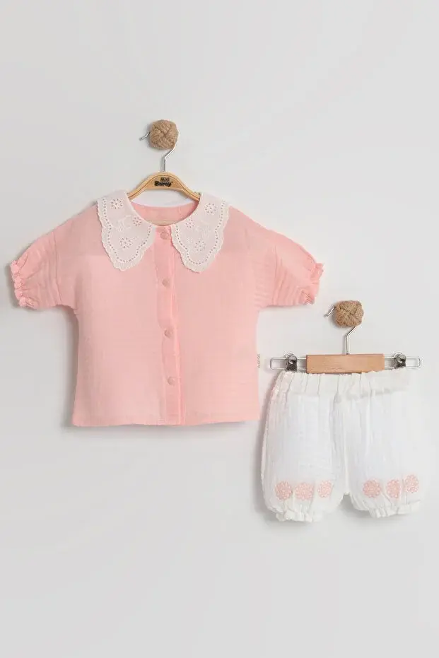 Organik Pamuk Dantel Yakalı Gömlek & Şort Takımı - (9-12-18 Ay) Kız Bebek İçin Seri - 1004-Pembe