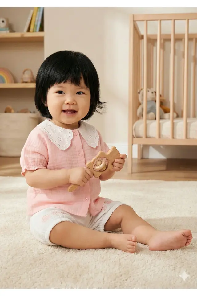 Organik Pamuk Dantel Yakalı Gömlek & Şort Takımı - (9-12-18 Ay) Kız Bebek İçin Seri - 1004-Pembe