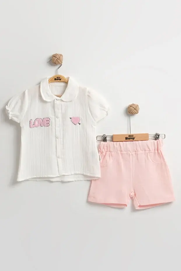 Süzene Nakışlı Müslin Şortlu Kız Bebek Takımı %100 Pamuk (9-12-18 Ay) Seri - 950-Açık Pembe