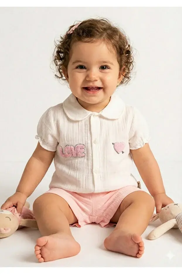 Süzene Nakışlı Müslin Şortlu Kız Bebek Takımı %100 Pamuk (9-12-18 Ay) Seri - 950-Açık Pembe