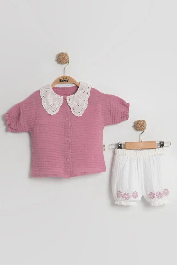 Organik Pamuk Dantel Yakalı Gömlek & Şort Takımı - (9-12-18 Ay) Kız Bebek İçin Seri - 1004-Mürdüm
