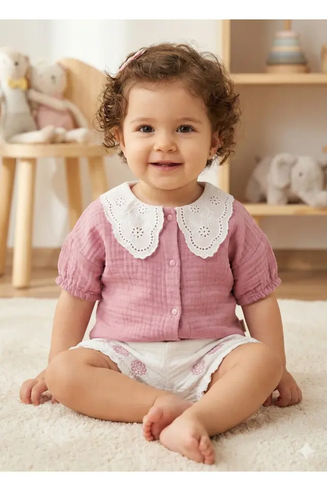 Organik Pamuk Dantel Yakalı Gömlek & Şort Takımı - (9-12-18 Ay) Kız Bebek İçin Seri - 1004-Mürdüm