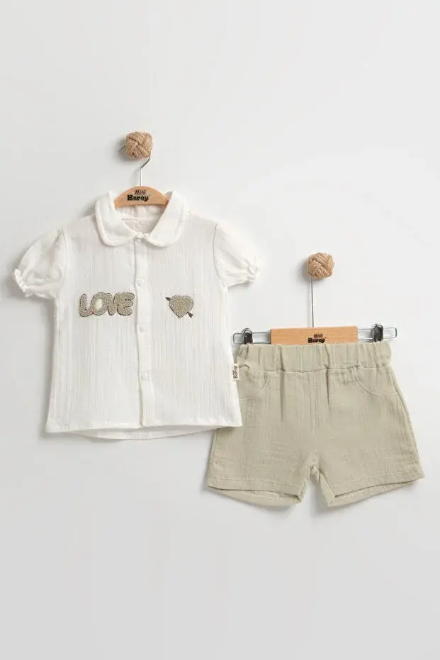 Süzene Nakışlı Müslin Şortlu Kız Bebek Takımı %100 Pamuk (9-12-18 Ay) Seri - 950-Yeşil