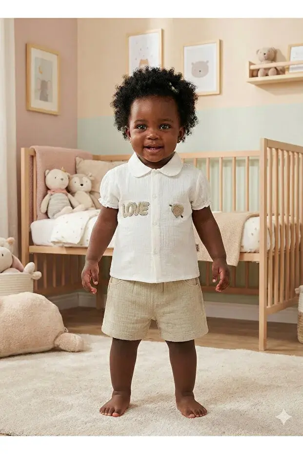 Süzene Nakışlı Müslin Şortlu Kız Bebek Takımı %100 Pamuk (9-12-18 Ay) Seri - 950-Yeşil