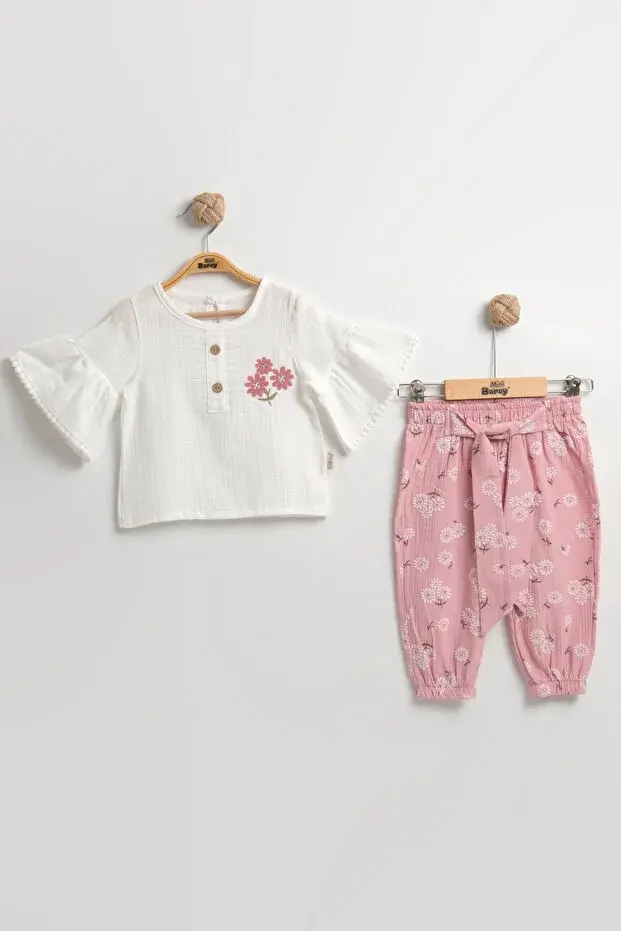 Çiçekli Müslin Pantolonlu Kız Pembe Bebek Takımı %100 Pamuk (9-12-18 Ay)- Pembe