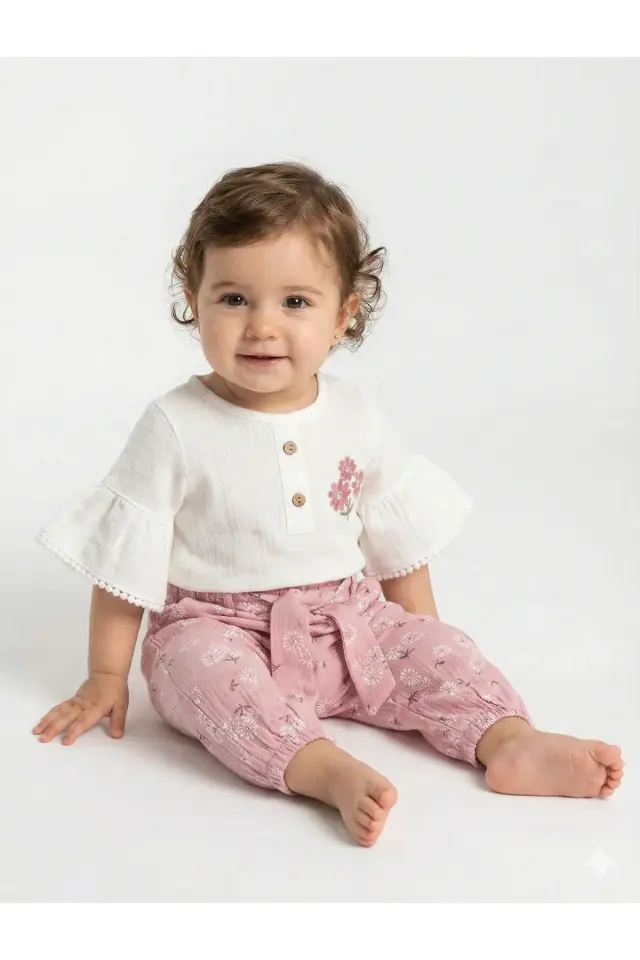 Çiçekli Müslin Pantolonlu Kız Pembe Bebek Takımı %100 Pamuk (9-12-18 Ay)- Pembe