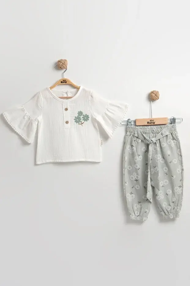 Çiçekli Müslin Pantolonlu Kız Yeşil Bebek Takımı %100 Pamuk (9-12-18 Ay)- Yeşil