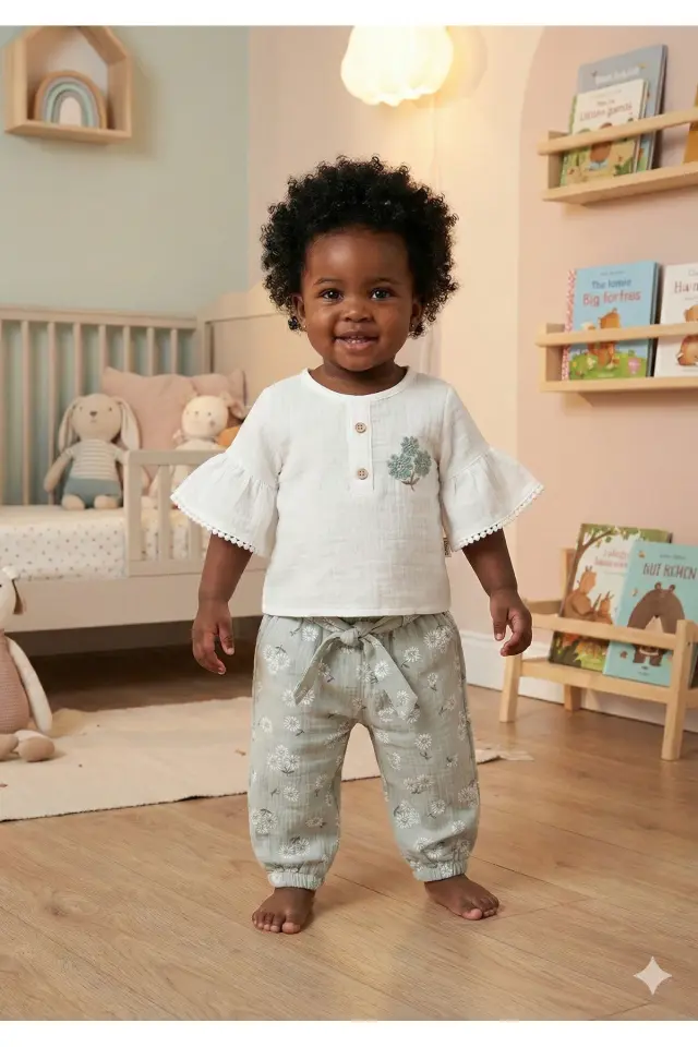 Çiçekli Müslin Pantolonlu Kız Yeşil Bebek Takımı %100 Pamuk (9-12-18 Ay)- Yeşil