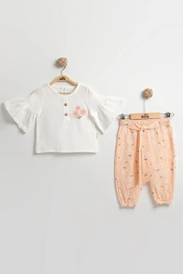 Çiçekli Müslin Pantolonlu Kız Turuncu Bebek Takımı %100 Pamuk (9-12-18 Ay)- Turuncu