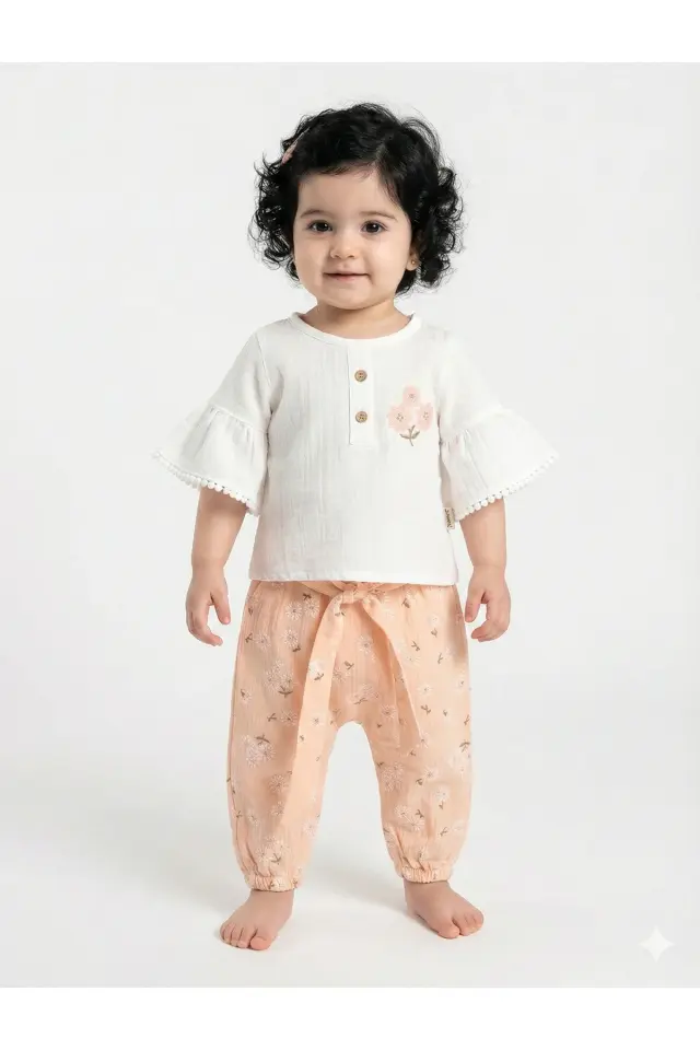 Çiçekli Müslin Pantolonlu Kız Turuncu Bebek Takımı %100 Pamuk (9-12-18 Ay)- Turuncu