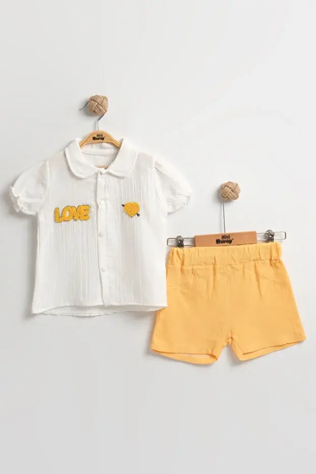 Süzene Nakışlı Müslin Şortlu Kız Bebek Takımı %100 Pamuk (9-12-18 Ay) Seri - 950-Turuncu